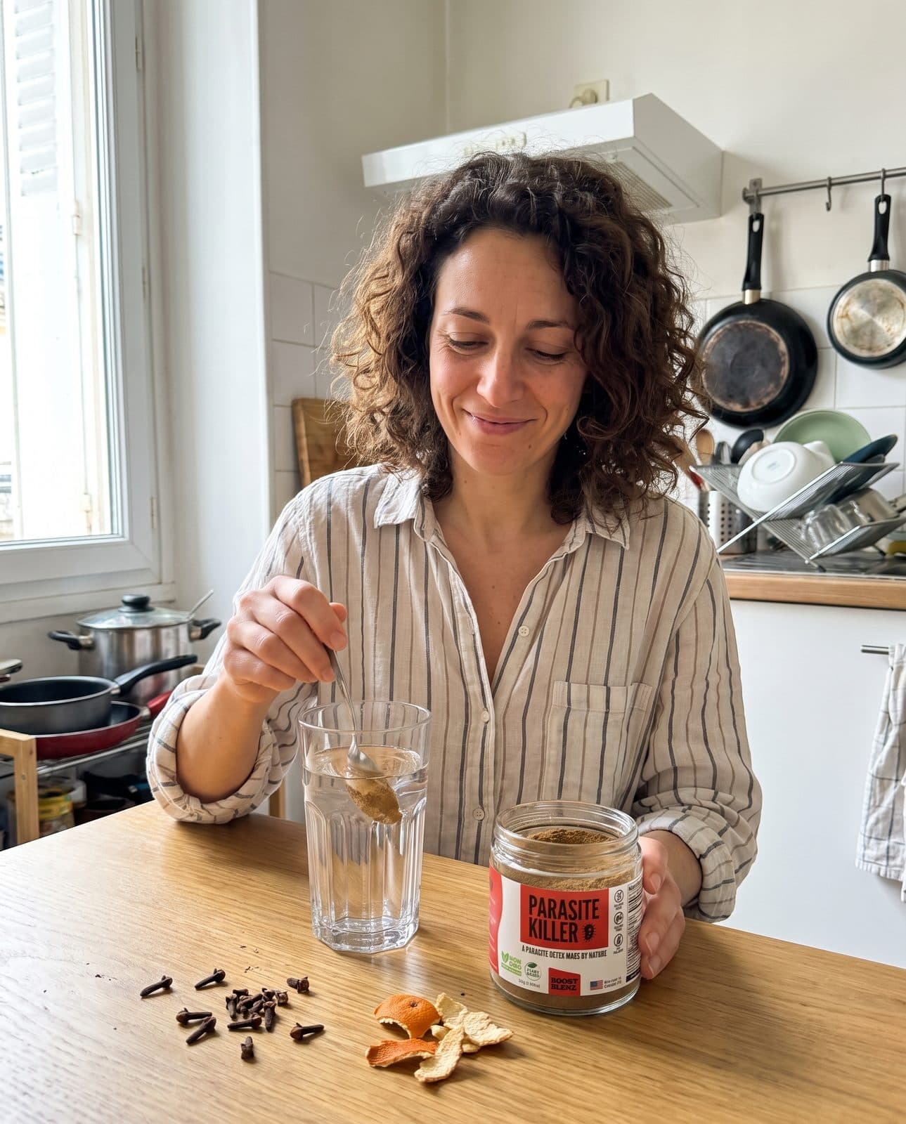 Une femme mélange sa dosette de plantes dans un verre d'eau, à la table de sa cuisine